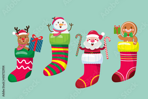 Draw vector character cute Christmas socks and stuffed inside. santa claus, reindeer, snowman, gingerbread