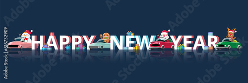 Merry Christmas Vector illustration Santa Claus and team drive sedan car with many gift box.