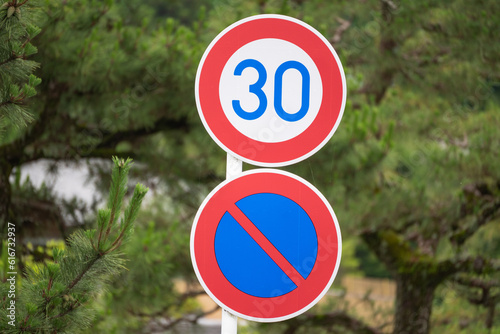 日本の道路標識で時速30km/hと駐車禁止の標識 photo