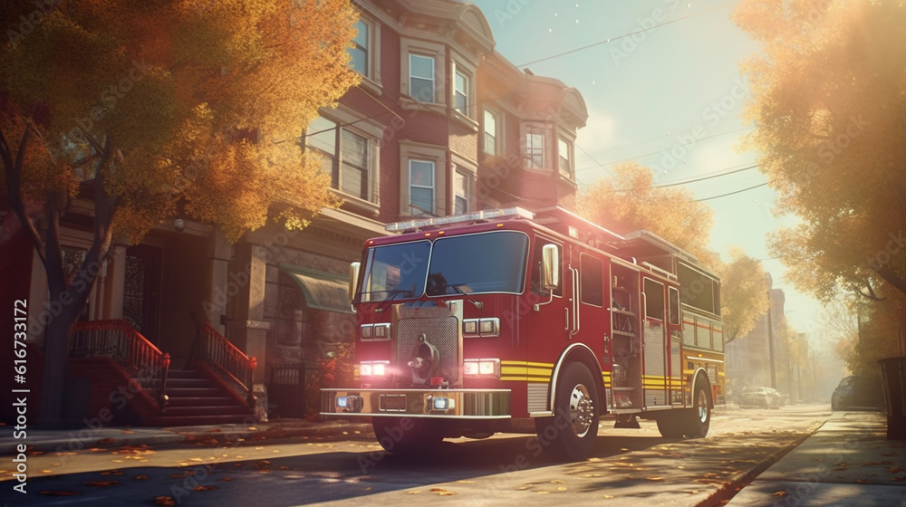 Obraz premium Fire truck on the street. Generative Ai