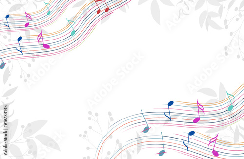 Music Design. Multicolored musical wave on a background with leaves. For concerts, music, presentations, certificates.