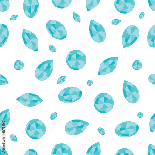 Vector blue diamonds seamless pattern on white background. Glowing diamonds wallpaper. Different shapes diamonds texture for textile prints, wrapping papers, wallpaper, website uses and else. Jewerlly photo