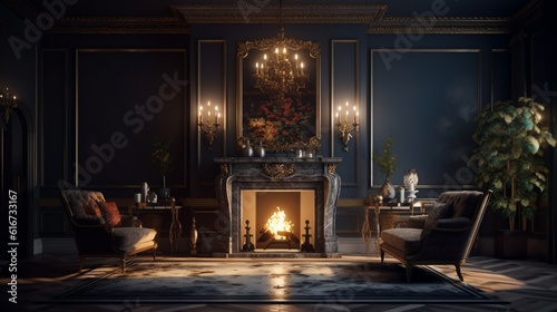 Fireplace in luxury home interior design. Generative Ai