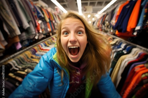 A young woman, her expressive emotions of anticipation and excitement clearly visible, is seen browsing through heaps of discounted items in a clothing store during Black Friday. Generative AI © Mustafa