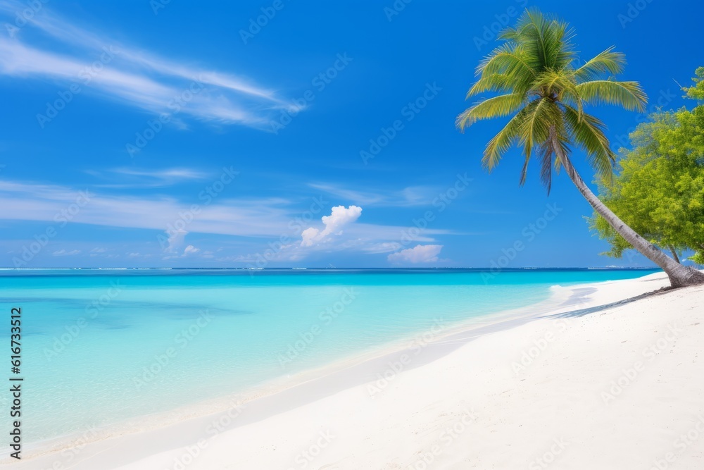 Fototapeta premium Sunny beach with white sand, turquoise water, and blue sky Perfect for summer vacation, Generative AI