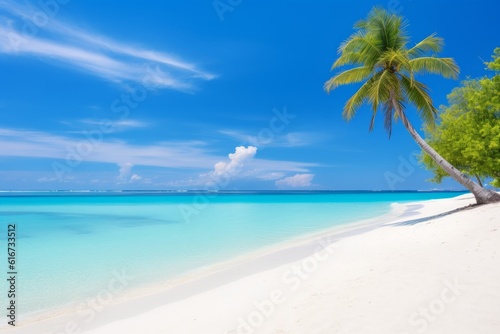 Sunny beach with white sand, turquoise water, and blue sky Perfect for summer vacation, Generative AI © ParinApril
