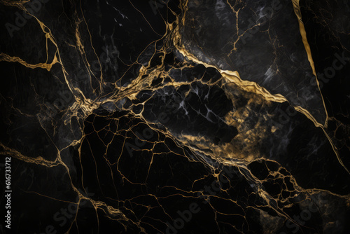 Black marble background with thin golden veins, generative AI © fahrwasser