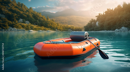 Inflatable boat with paddle on the lake. Generative Ai