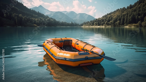 Inflatable boat with paddle on the lake. Generative Ai © andranik123