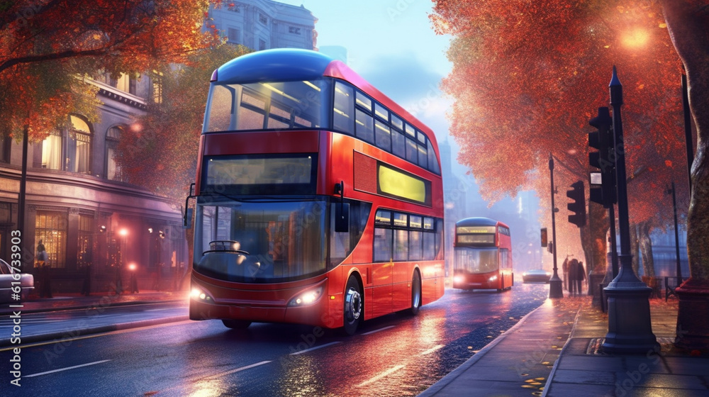 Obraz premium Red bus driving through the city. Generative Ai