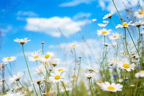 Charming meadow with chamomile and blue wild peas, Generative AI