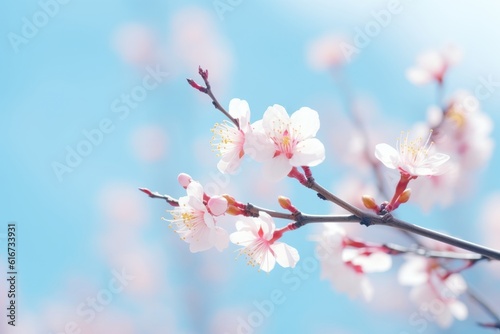 Spring floral abstract background with apricot blossoms and blue sky Perfect for Easter cards, Generative AI © ParinApril