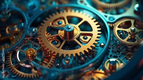 Macro view Gears and cogs in clockwork watch mechanism. Generative Ai photo