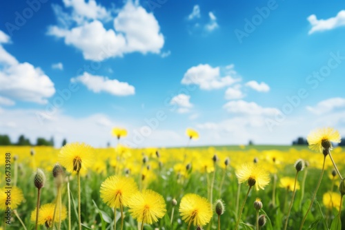 Fresh meadow with yellow dandelions and blue sky  Generative AI
