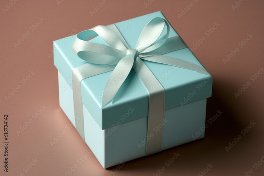Blue gift box with a blue ribbon on brown background, generative AI Blue gift box with a blue ribbon on brown background, generative AI