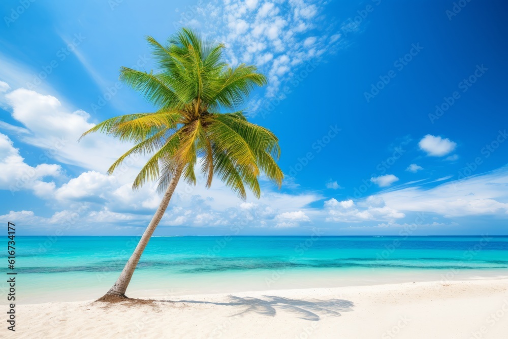 Tropical island beach with palm tree, blue sky, and ocean Ideal for summer vacation, Generative AI