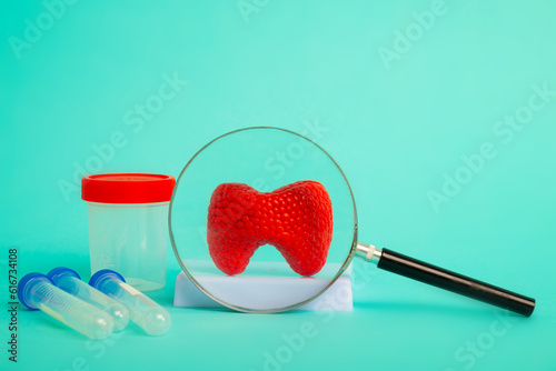 Anatomical model of human thyroid gland with magnifying glass and test tubes and jar for analysis on blue background. Early diagnosis and treatment.