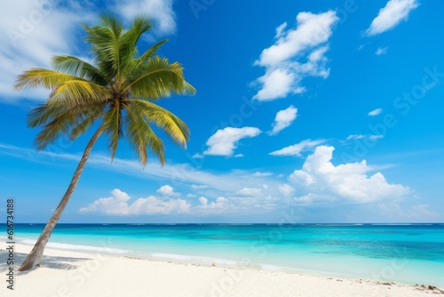 Tropical island beach with palm tree, blue sky, and ocean Ideal for summer vacation, Generative AI © ParinApril
