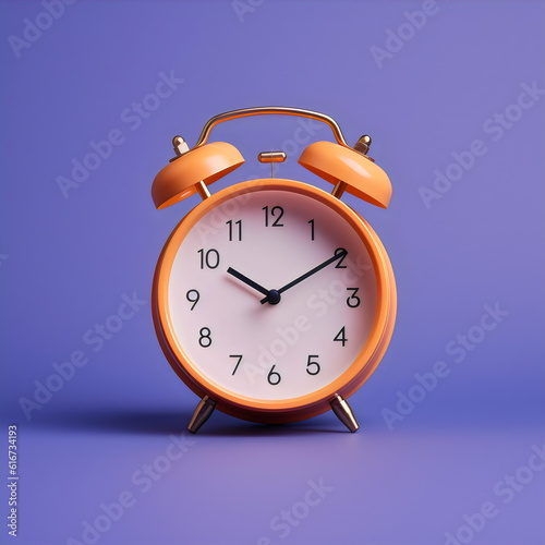 orange alarm clock isolated on plain purple studio background made with generative ai