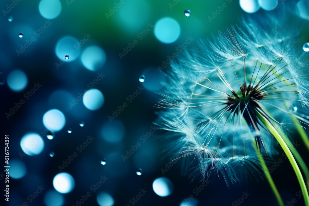 Fototapeta premium Dew drop on dandelion seed Macro close up Sparkling bokeh Blue green background, Generative AI