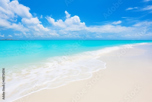 Maldives island white sand, turquoise ocean, blue sky, perfect view, Generative AI