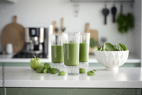 Green smoothie in three glasses on a kitchen countertop, generative AI