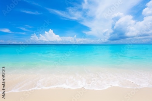 Maldives island white sand  turquoise ocean  blue sky  perfect view  Generative AI