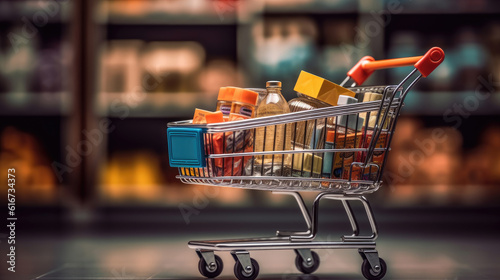 Shopping cart with products in mall