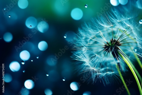 Dew drop on dandelion seed Macro close up Sparkling bokeh Blue green background, Generative AI
