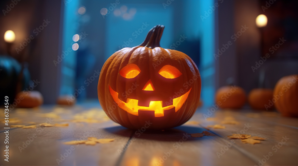Autumn kitchen with big orange halloween pumpkin. Generative AI. Autumn kitchen with big orange halloween pumpkin. Generative AI.