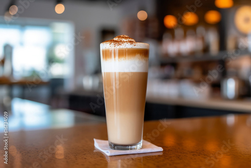 Coffee mocha latte in a tall glass with thick milk foam and cafe background  generative AI