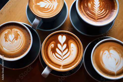 Multiple coffee lattes in mugs with latte art overhead view on a wooden table, generative AI