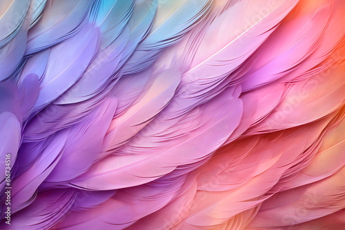 close up photo of pastel pink, purple, blue, and yellow feathers as background texture, made with generative ai  © Ricky