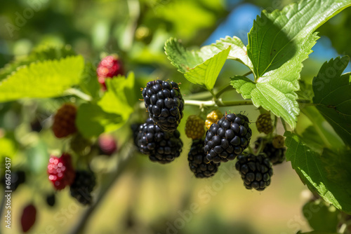 Blackberry plants with ripe berries in an orchard on a sunny day, generative AI
