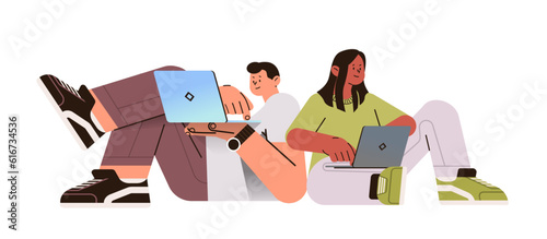 mix race man woman couple using laptops social media communication digital addiction freelance concept