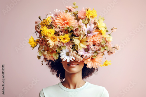 Woman with her head covered with flowers. Mental health, psychological treatment concept. Happiness and joy, dreaming. Psychology theme, thinking positive, having good thoughts in mind. AI generated photo