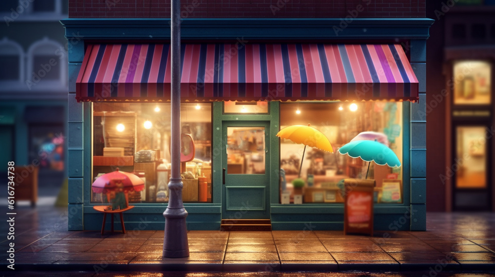 Small shop with colorful awning. Generative Ai
