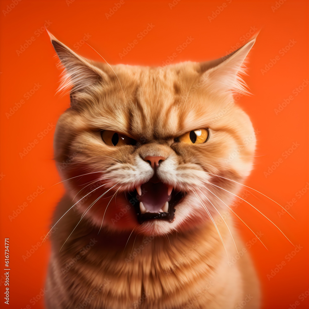 angry hissing ginger cat isolated on plain orange studio background made with generative ai