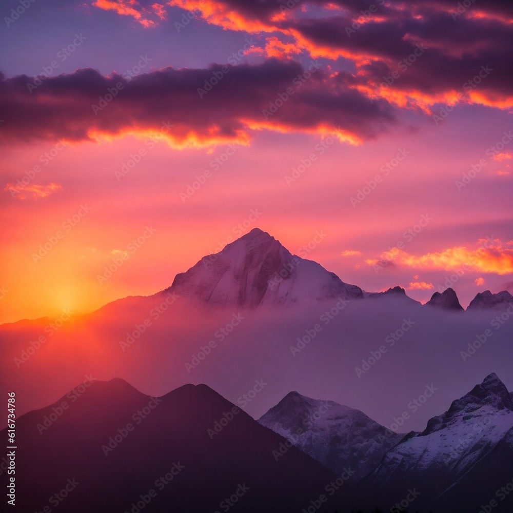 Ethereal Dawn: Majestic Mountain and Sunrise Sky