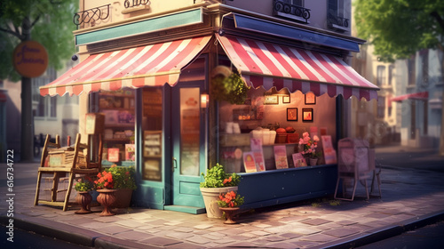 Small shop with colorful awning. Generative Ai