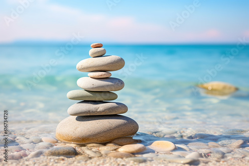 A pile of stones stacked on a pebbly beach, balance, ocean background