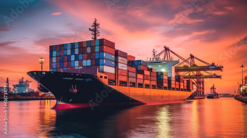 Industrial port with Logistics and transportation of International Container Cargo ship , commercial dock, harbor, cargo container , shipping , Created with Generative Ai Technology