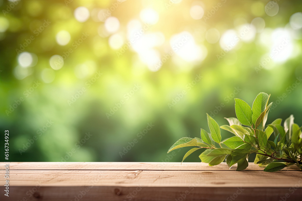 An empty wooden tabletop with green leaves on the right and a blurred spring garden in the background. An empty wooden tabletop with green leaves on the right and a blurred spring garden in the background.
