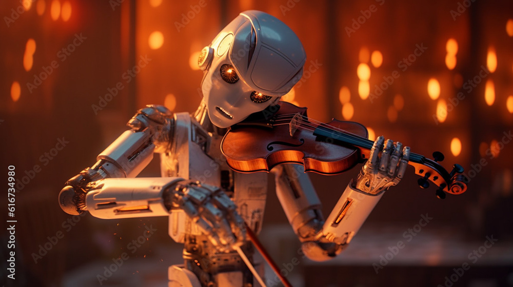 The robot plays the violin. Generative Ai The robot plays the violin. Generative Ai