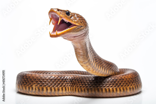 Aggressive Indian Cobra snake ready to strike isolated on a white background