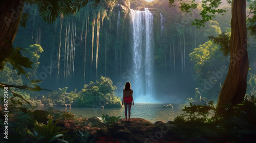 Woman looking at tropical waterfall. Generative Ai