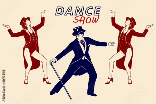 Dance Show Silhouette Poster. Two women and man in retro suits dancing. Vector cliparts isolated on white.