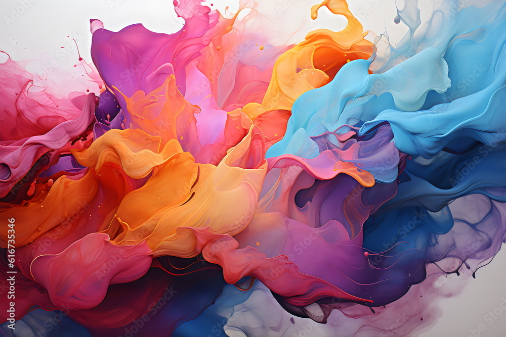 abstract mixed paint ink colors in pink, yellow, purple and blue made with generative ai