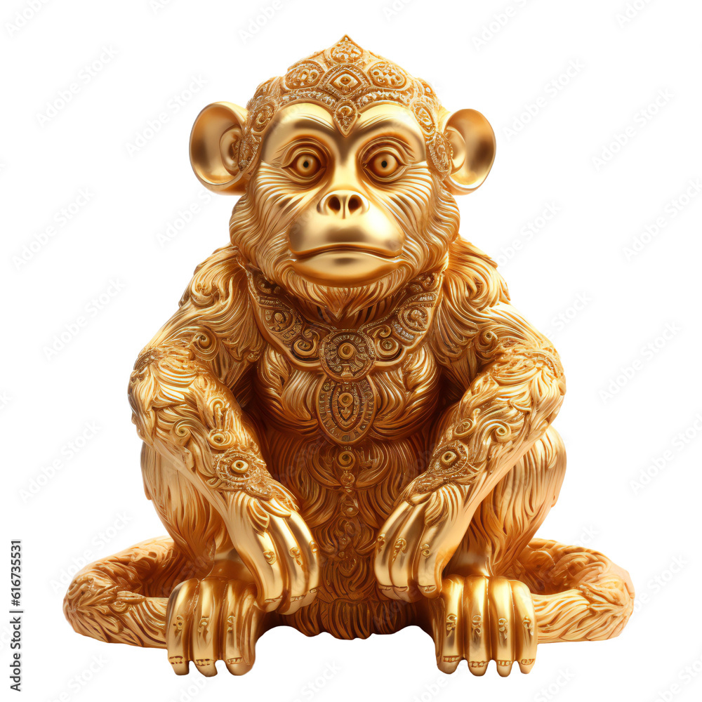 Golden monkey statue isolated on transparent background, Generative AI Stock Illustration