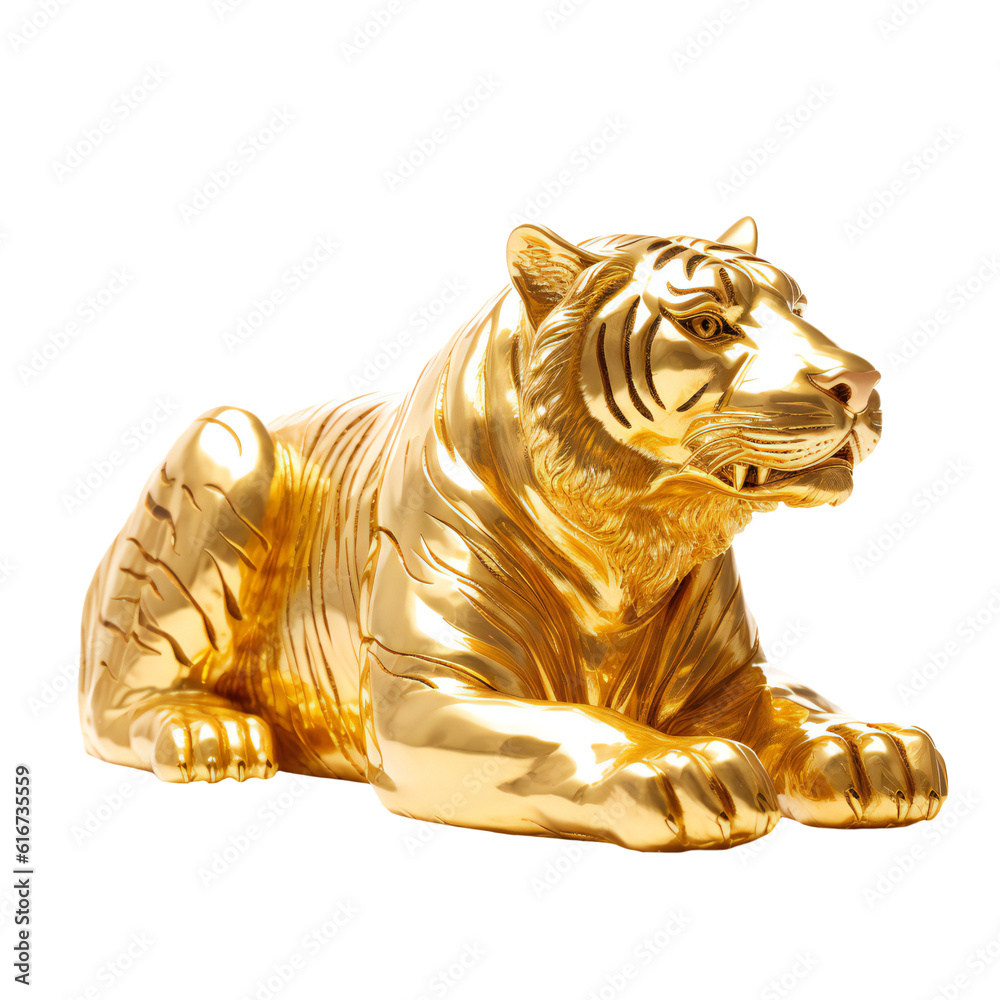 Golden tiger statue isolated on transparent background, Generative AI